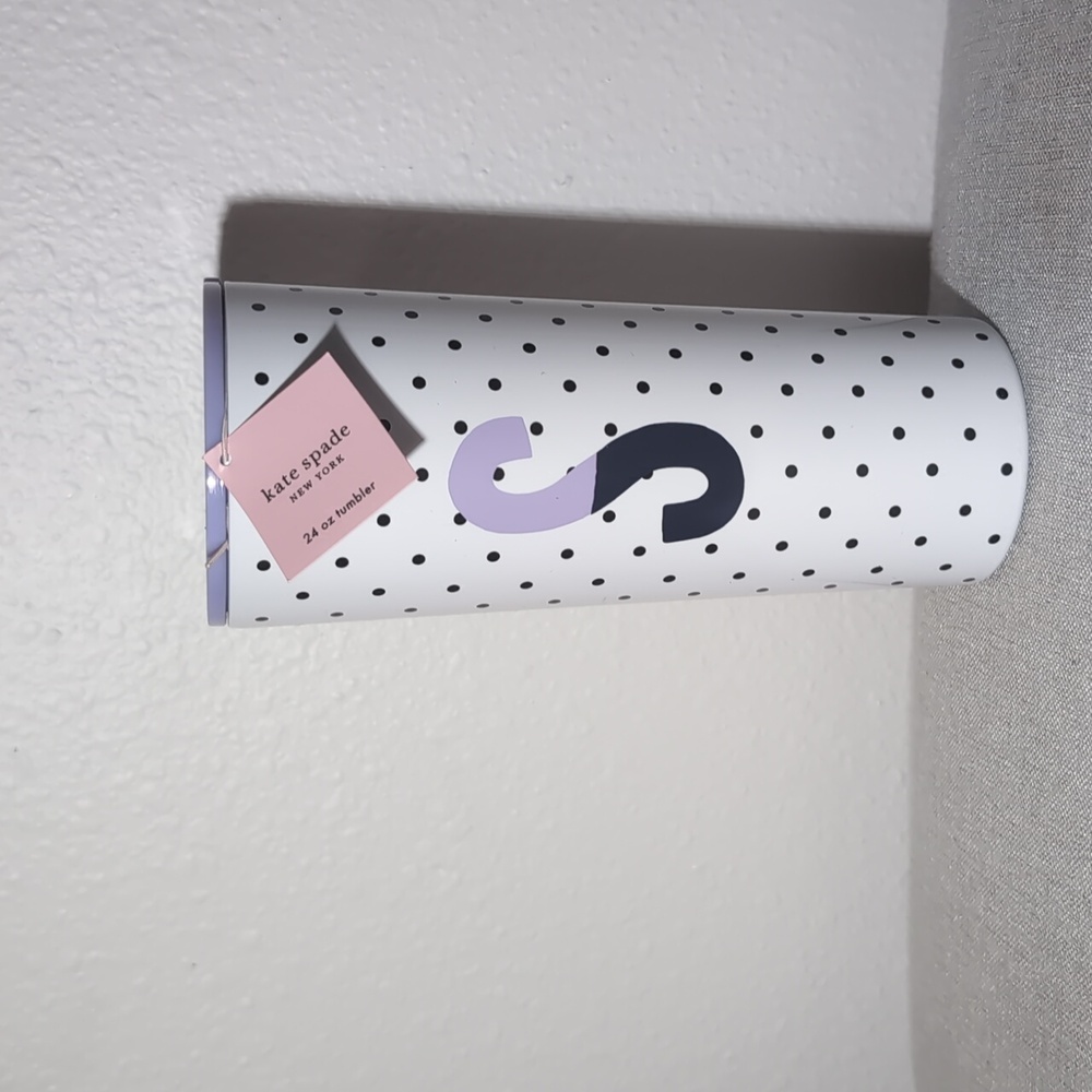 NWT Kate Spade 24oz Sparks of Joy Letter S Metal Coffe Tumbler Purple Navy White